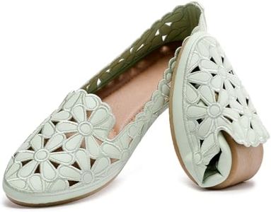 HEAWISH Women's Floral Ballet Flats for Women Black Beige Slip On Flowers PU Leather Round Toe Dress Shoes(Light Green,US7)