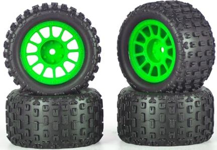 Pre-Glued 1/16 & 1/18 RC Monster Truck Tires with Foam Insert, Rubber Tire and Nylon Wheels Rims Fit for ARRMA Granite 1/18 Granite/Typhon, WLtoys A949, MJX Hyper Go H16 4Pcs-Green