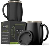 Stainless Steel Insulated Coffee Mugs Set of 2 (14oz) Double Wall Coffee Cups with Spill Resistant Lid & Handle – Shatterproof Cups for Cold & Hot Drinks for Indoor & Outdoor Use (Black, 14 oz)