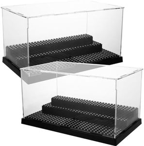 MUXHEL 2 Pcs Acrylic Display Case with 3 Movable Steps, 10"×5.4“×6.1” Clear Display Box, Black Dustproof Show Case for Collecting Models Minifigures, Action Figures Blocks