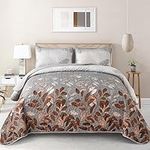 Brown Floal Quilt Set Queen Size,3 Pieces Summer Bedspread Coverlet Set,Soft Microfiber Lightweight Floral Bedding Set Queen 96"x90"