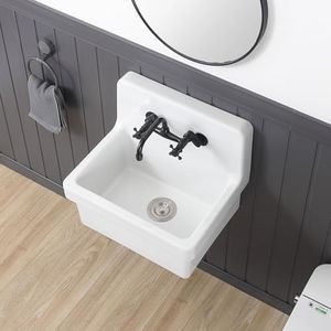 21 Inch Wall mounted Utility Sink, DEHOMEN White Ceramic Farmhouse Bathroom Sink, Utility Sink for Kitchen & Laundry, Small Utility Outdoor Sinks, Multi-Installation Laundry mount sinks