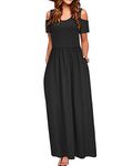 STYLEWORD Women's Summer Cold Shoulder Short Sleeve Maxi Dress Black Elegant Long Dress with Pockets(Black-456,L)