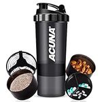 ACUNA Protein Shaker Bottle 600ml- 3 Layered Twist Off Cups For Pill & Supplement Storage - Steel Mixing Ball For Lump Free Smooth Shake- Easy To Clean Gym & Sports Shaker Bottle (Black)