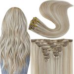 Full Shine 14 inch Real Remy Human Hair Extensions Double Weft Hair Clip Extensions Real Hair Highlighted Hair Color #18 Ash Blonde Mix #613 Blonde 9 Pieces 100g Per Package