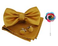 KRAWATTE Men's Microfiber Bow Tie Set with Pocket Square and Cufflinks (Golden)