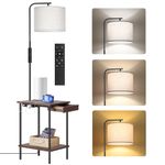 OUTON Floor Lamp with Table & Drawer, Type C Charging Port, AC Outlet, End Table with Lamp Attached for Bedroom Dimmable&4-Color Temperature, Modern Shelves Side Table for Living Room, Office,Walnut