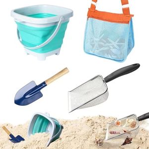 ZDY 4 Pack Beach Toy Mesh Shovel and Mesh Beach Bag Seashell Bag with Foldable Beach Bucket & Shovel for Shells Collecting,Sand Sifter Kids Filter Sand Scooper