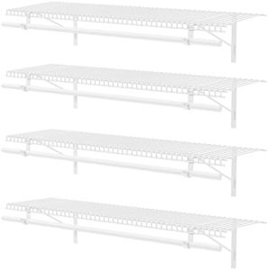 Supforce 4 Pack Closet Shelves with Triangular Brackets and Hanging Rod, 4FT X 12IN Wall Mounted Wire Shelving Orgnizer for Closet,Laundry Room,Pantry,Load Up to 150lb, White