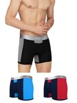 XYXX Men's Underwear Illuminati IntelliSoft Antimicrobial Micro Modal Trunk Pack of 3 (Black Iris & Tango Red ; Black & Steel Grey ; Black Iris & Brilliant Blue; M)