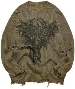 BEAUDRM Men's Graphic Distressed Sweater Grunge Punk Ripped Long Sleeve Crew Neck Knitted Pullover Top Army Green Medium
