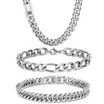 3PCS Cuban Link Figaro Bracelet Necklace, Silver Sturdy 316L Stainless Steel Cuban Link Figaro Chain for Men Jewelry Set with Gift Message Card 8mm, 9 Inches