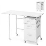 COSTWAY Folding Computer Desk, 2-In-1 Mobile PC Laptop Table with Rolling Wheels and 3 Drawers, Space Saving Home Office Workstation Study Writing Desk, 105x50x75cm (White)