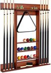 Goplus Pool Cue Rack, Wall Mounted Billiard Stick Holder, Made of Solid Pine Wood, Holds 8 Cues & Full Ball Set & 1 Ball Rack, Compact Billiards Accessories for Billiard Room, Club, Bar (Brown)