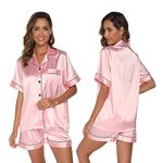 GAESHOW Pyjamas for Women, Soft Silk Satin Pajamas Set Short Sleeve Button-Down Set Sleepwear Loungewear Two Piece Pjs for Ladies S-2XL Pink