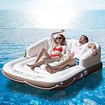 Tangkula Inflatable Pool Float, Giant Pool Lounger Floats 2 Adult Size with UPF50+ Retractable Sunshade, Ergonomic Backrest & Armrest, 2 Cup Holders, Heavy Duty Adult Sunbathing Pool Lounge Raft