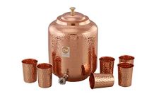 Copper-Master 14 Litre Hammered Copper Water Dispenser (Matka) Container Pot with 6 Copper Glasse Pure Copper and Ayurvedic Health Benefits (14000 ml + 1800 ml)