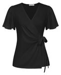GRACE KARIN Summer Blouse for Women UK Short Draped Sleeve Evening Black Tops Simple Relaxed Going Out Ladies Tops Size 16 18