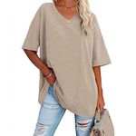 Famulily Women's Short Sleeve T Shirts Half Sleeve V Neck T Shirts Comfy Cotton Loose Tunic Blouse Tops Beige XXL