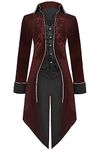 Halloween Mens Medieval Victorian Tailcoat Vampire Costumes, Vintage Gothic Frock Coat Velvet Tuxedo Steampunk Jacket(Red S)