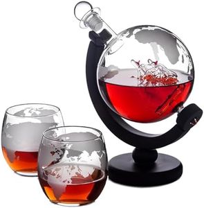 Whisky Decanter Set with Globe Design, Engraved World Map, Wood Stand, and 2 Glasses Sealed, Stylish Liquor Dispenser and Collector's Item, Ideal for Brother and Men,