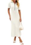 MEROKEETY Women's V Neck Ribbed Knit Maxi Dress Button Short Sleeve Slim Fit Bodycon Sweater Dress, Beige, L