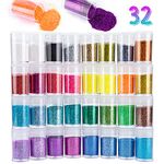 32 Colors Nail Art Pigment Glitter, Fine Glitter Dust Powder Set for Lip Gloss | Nail Art Gel Polish | Slime | Eye Shadow | Makeup | Face | Body | Hair | Festival Cards (8g Each Jar)