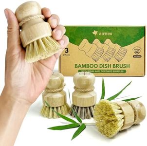 Bamboo Dish Brush Set of 3, 100% Plant-Based Kitchen Dish Brush Bamboo with Sisal and Coconut Bristles, 2 Brush Types, No Scratch Wood Sish Scrub Brush for Dishes, Quick-Drying, Odor Free