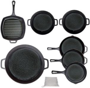 Bruntmor Pre Seasoned Kitchen Utensils Set Durable Cast Iron 8 Pc Bundle Pots And Pans Set Double Dutch Oven, 16" Pizza Pan, 3 Cast Iron Skillets & Square Grill Pan, Frying Pan| Giftable Cookware Set