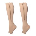 Cheeroyal Compression Socks with Zipper, Knee High 15-20 mmHg Compression Socks for Women Men, Open Toe Support Socks for Varicose Veins, Edema, Recovery, Pregnant (3XL, skin)