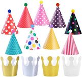 KATOOM 31pcs Kids Party Hats,Birthday Party Hats for Kids Princess Crown Paper Cap Colorful Cake Cone Hat with Pom Poms and Elastic Band Party Headwear for Kids Birthday Party Decorations