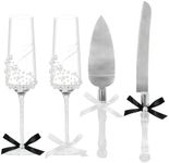 SEMONONIA 4 Piece Wedding Toasting Flutes and Cake Server Set - Champagne Glasses and Knife Server Set,Bride and Groom Wine Glasses and Cake Knives Set for Anniversary Engagement Gifts for Couple