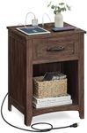 VASAGLE Farmhouse Nightstand with Charging Station, Bedside Table with Drawer, Open Compartment, Side Table with Storage, for Bedroom, Maroon Brown ULET659K51