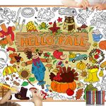 DPKOW Autumn Coloring Poster with Paint Pens, 47 x 33 Inches Giant Paper Autumn Coloring Tablecloth for Kids Autumn Crafts Gift Doodle Art, Hello Fall Turkey Pumpkin Maple Leaves Scarecrow Squirrel