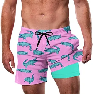 Cozople Mens 5.5 Inch Swimming Trunks with Compression Liner Swim Shorts Cute Crocodile Printed Summer Quick Dry Board Shorts L