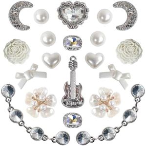 Wenobby 20 Pcs Bling Shoe Decoration Charms for Women Girls, Silver Rhinestone Pearl Gem Bow Heart Flower Guitar Moon Decoration with 2 Diamond Chains Luxury Accessories for Clog Sandals Party Gift