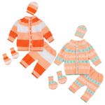 toyific Unisex New Born Baby Boys/Girls Woolen Round Neck Front Open Sweater Set with Pyjami, Cap and Pair of Booties - Combo Pack of 2 (Orange, Peach)