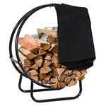 Sunnydaze Outdoor Firewood Log Hoop and Cover Set - 24-Inch Powder-Coated Steel Lumber Storage Rack and Black Weather-Resistant Heavy-Duty Protective PVC Cover