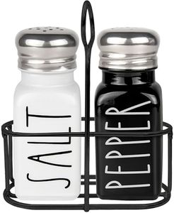 Salt and Pepper Shakers Set with Holder by Brighter Barns - Cute Modern Farmhouse Kitchen Decor, Table Decor - Vintage Glass Black White Shaker Set with Caddy and Stainless Steel Lids (Black/White)