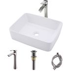 Vessel Sink with Faucet and Drain Combo-Bokaiya 19x15 White Bathroom Vessel Sink Rectangle above Counter Porcelain Ceramic Vanity Vessel Sink