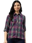 One femme Women Regular Fit Checked Short Shirt (Medium, Purple 01)