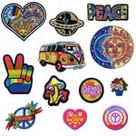 Qpout 12Pieces Hippie Patches Iron on Vintage Patches Peace Sign Repair Decoractive Patch for Clothing Design Backpack Jackets Jeans Shirt DIY Craft Decorations