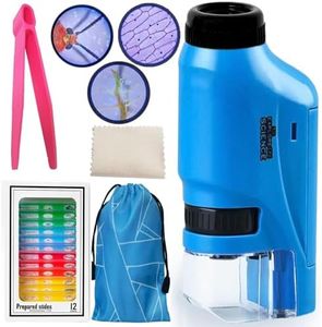 VNVDFLM Mini Microscope for Kids Educational Toys STEM & Science Toy Miniscope Portable Microscope Kids Handheld Microscope with 12 Slides Specimens Interactive Learning for Ages 3+ (Blue)