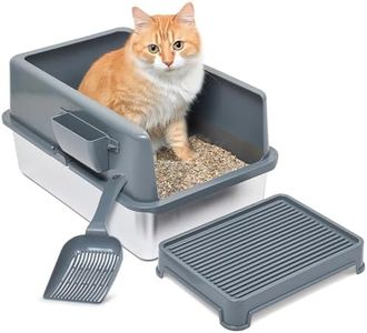 iPrimio Premium Stainless Cat Litter Box for Easy Cleanup - Durable and High Sides Stainless Steel Litter Box with Step Scoop - Mat Elevated for Cats - Scratch and Bite Proof - Dark Grey