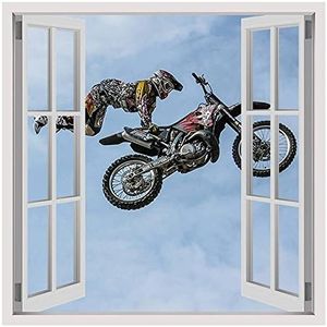Alonline Art - Motorcycle Stunts by Fake 3D Window | print on 100% cotton canvas | Ready to frame (Rolled) | 12"x12" - 30x30cm | Wall art home decor for living room or for toilet | oil painting