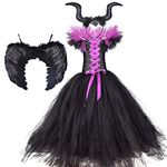 Kid Girls Princess Maleficent Costume Fancy Evil Queen Dress Up Handmade Knitted Tulle Dress with Horn and Wings Devil Witch Halloween Carnival Cosplay Party Outfit Purple 9-12 Years