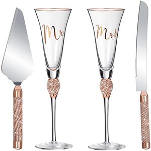 Boao 4 Piece Wedding Toasting Flutes and Cake Server Set Wedding Reception Supplies Champagne Glasses Cake Knife Pie Server (Rose Gold)