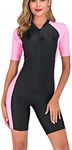 YEESAM One Piece Swimsuit for Women Girls Short Sleeved Zip Front Rash Guard Surfing Swimsuits Beachwear Modest Swimming Costumes Legsuit Swimwear (Int'l - M, Pink)