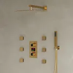 EVERSTEIN 12" High-Pressure Rainfall Shower System with LCD Display, Wall Mount Shower Faucet Set with 6 Body Jets (Brushed Gold)