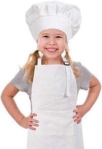 CRJHNS Kids Apron and Chef Hat Set, Adjustable Cotton Child Aprons with 2 Pockets Cute Girls Boys Kitchen Bib Aprons for Cooking Baking Painting, White, Small